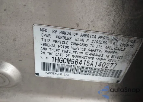 2005 Honda Accord 2.4 Lx from USA, damaged, VIN 1HGCM56415A140277